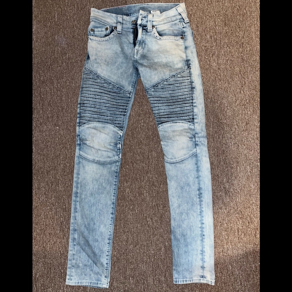 True Religion Pleated Moto Skinny White Jeans